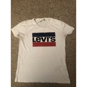 VTG Levi's White Adult Size Small Casual T-Shirt Graphic Print Logo Red Blue